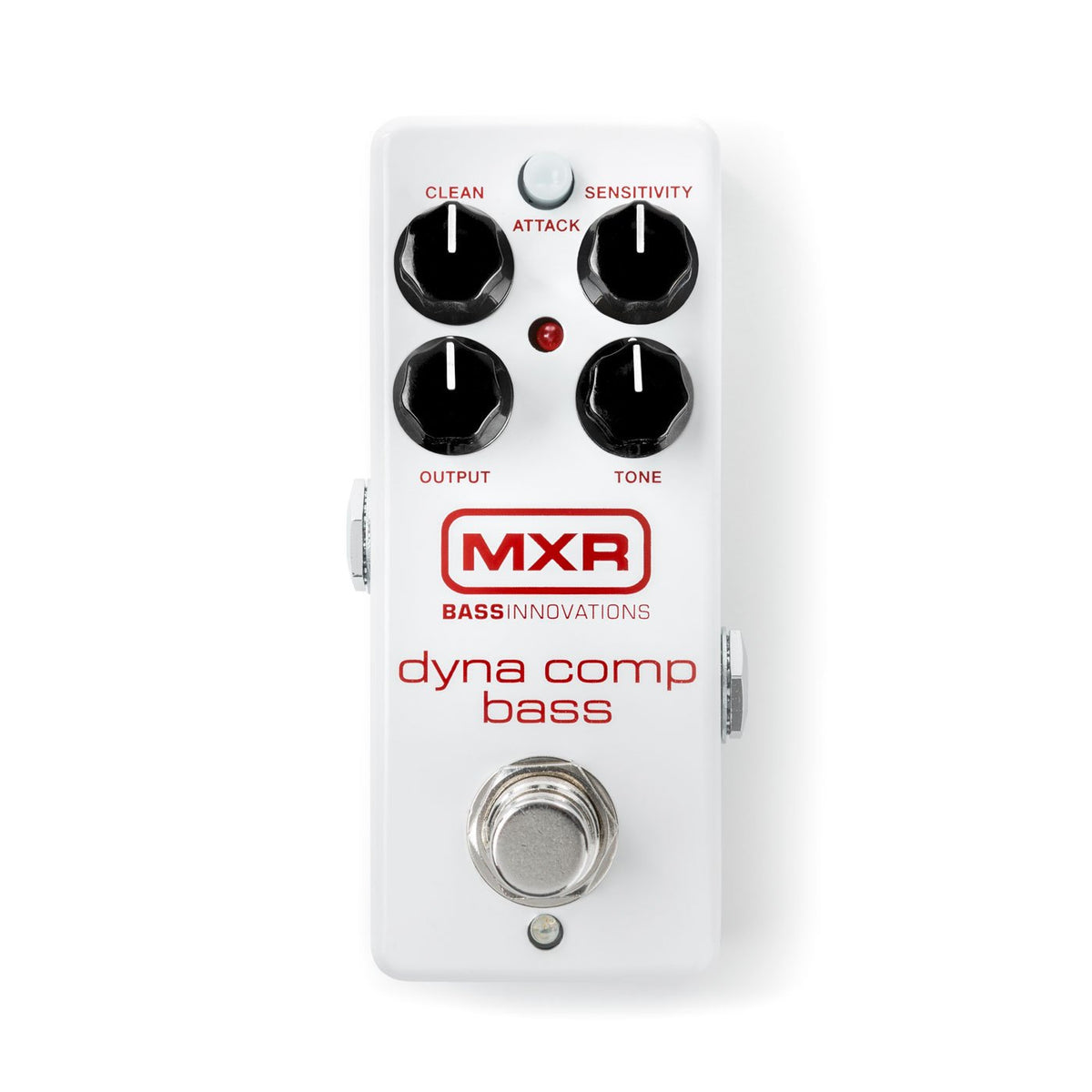 Phơ Compressor MXR M282 Dyna Comp Bass – mặt trên vỏ mini trắng, chữ đỏ BASS INNOVATIONS và dyna comp bass