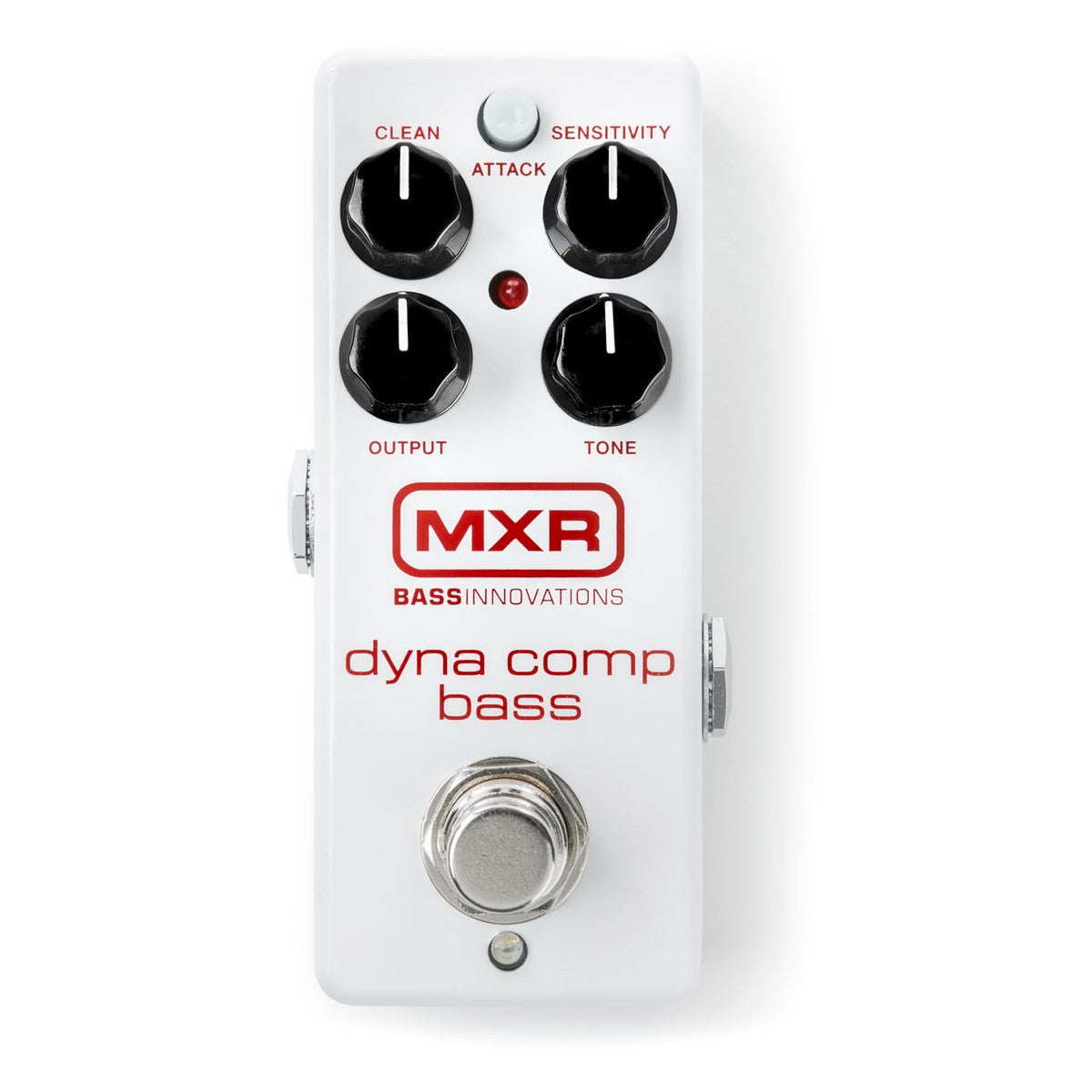 chính diện mặt trên MXR M282 Dyna Comp Bass vỏ mini màu trắng, 4 núm CLEAN, SENSITIVITY, OUTPUT, TONE và nút ATTACK