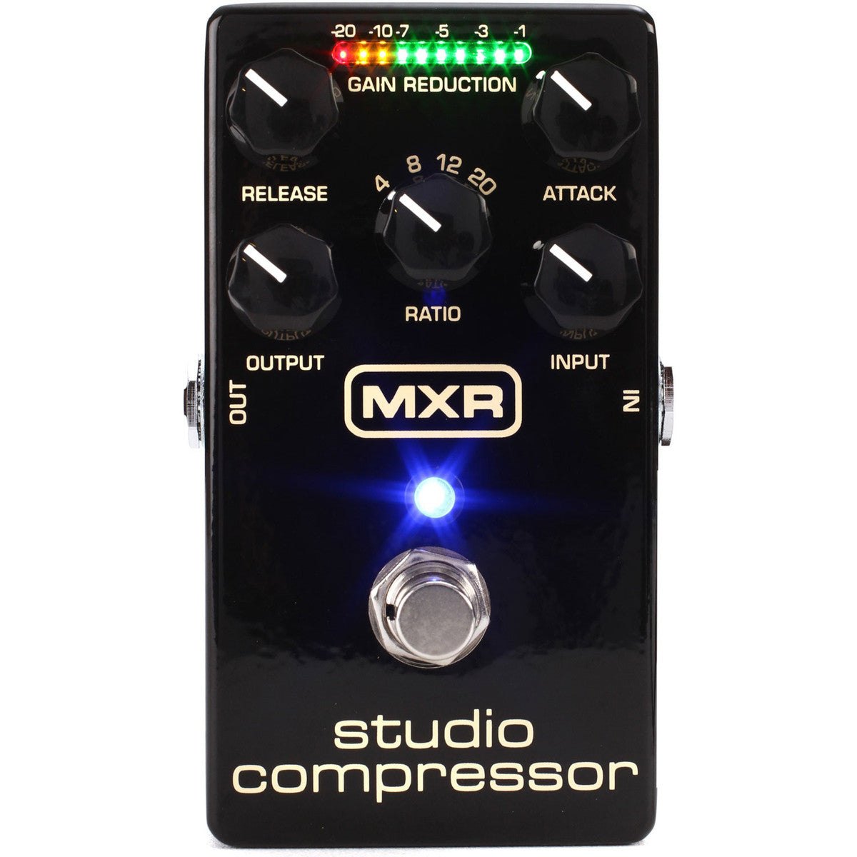 Phơ Compressor MXR M76 Studio Compressor – mặt trên với 5 núm, đèn GAIN REDUCTION và LED xanh
