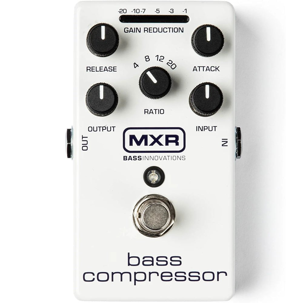 Phơ Compressor MXR M87 Bass Compressor – mặt trên với 5 núm chỉnh, dải LED GAIN REDUCTION và footswitch