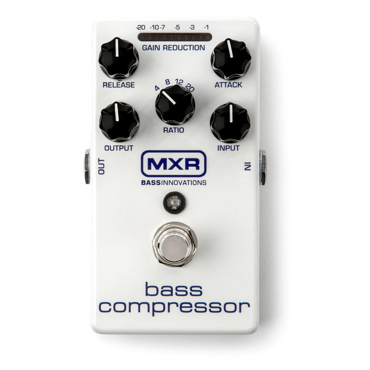 chính diện mặt trên MXR M87 Bass Compressor vỏ trắng, dải 10 LED GAIN REDUCTION và 5 núm RELEASE, ATTACK, RATIO, OUTPUT, INPUT