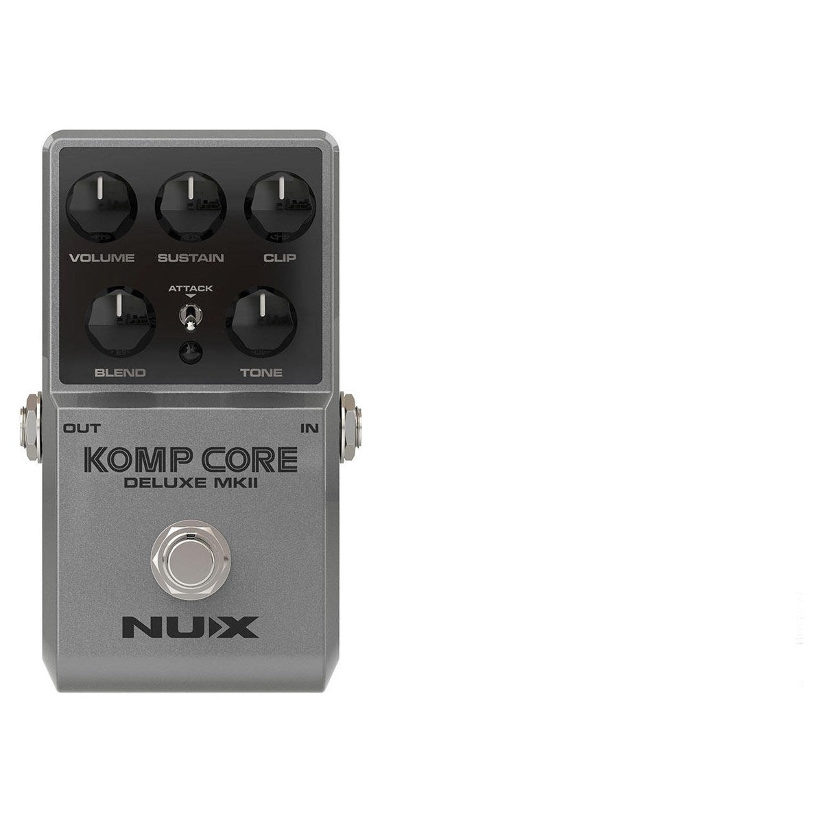 Phơ Compressor NUX Komp Core Deluxe MKII – Mặt trên NUX Komp Core Deluxe MKII với núm VOLUME, SUSTAIN, CLIP, BLEND, TONE và công tắc ATTACK