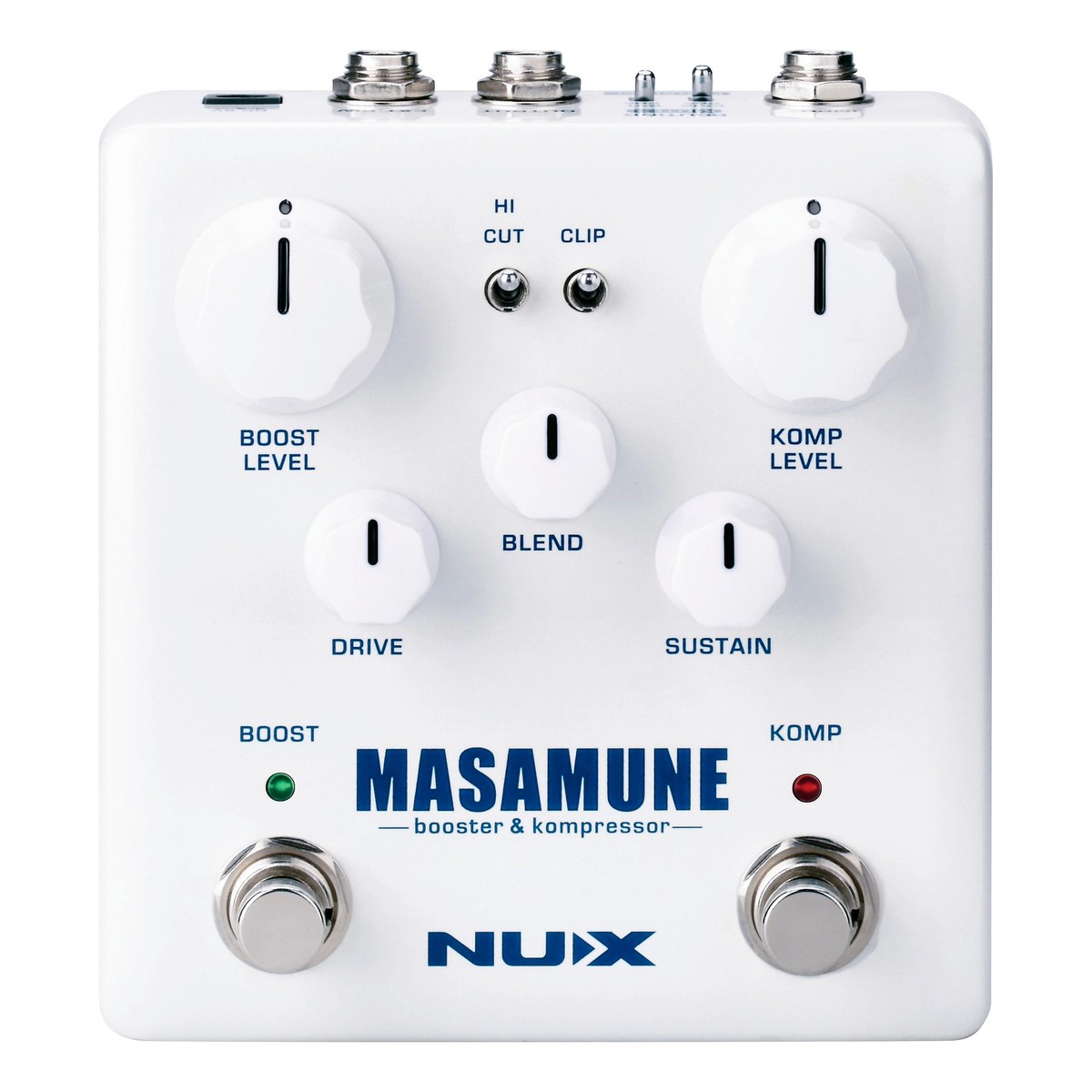 chính diện NUX NBK-5 Masamune với núm BOOST LEVEL, DRIVE, BLEND, SUSTAIN, KOMP LEVEL và hai footswitch BOOST, KOMP