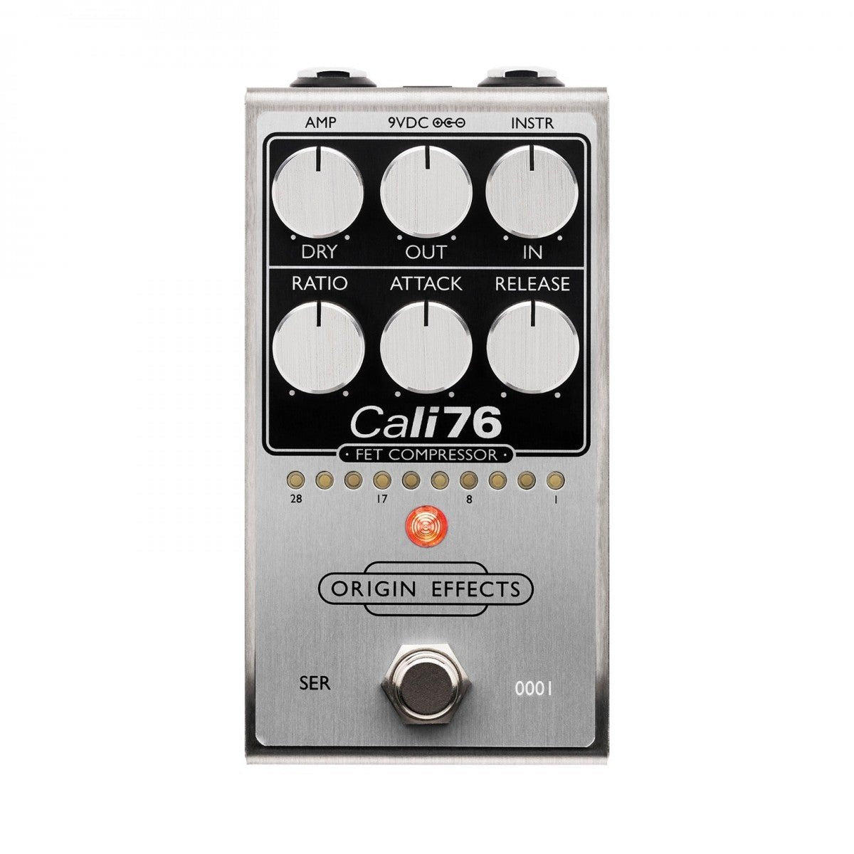 Phơ Compressor Origin Effects Cali76 FET – mặt trên với 6 núm DRY, OUT, IN, RATIO, ATTACK, RELEASE