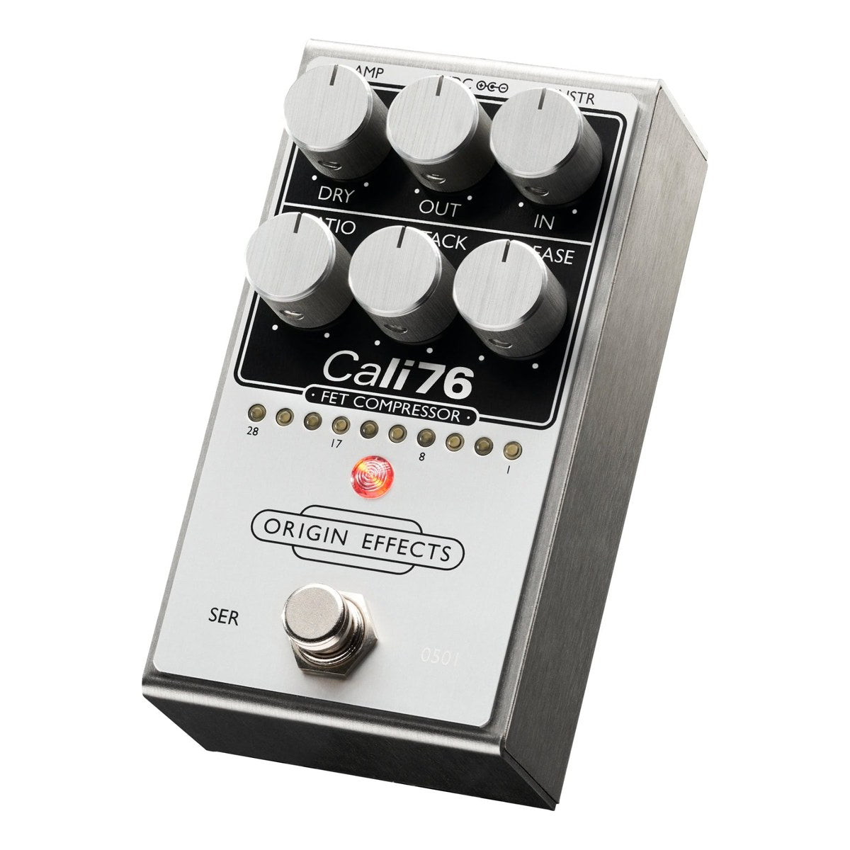 Phơ Compressor Origin Effects Cali76 FET - góc nghiêng phải Cali76 FET, đèn báo bật sáng đỏ