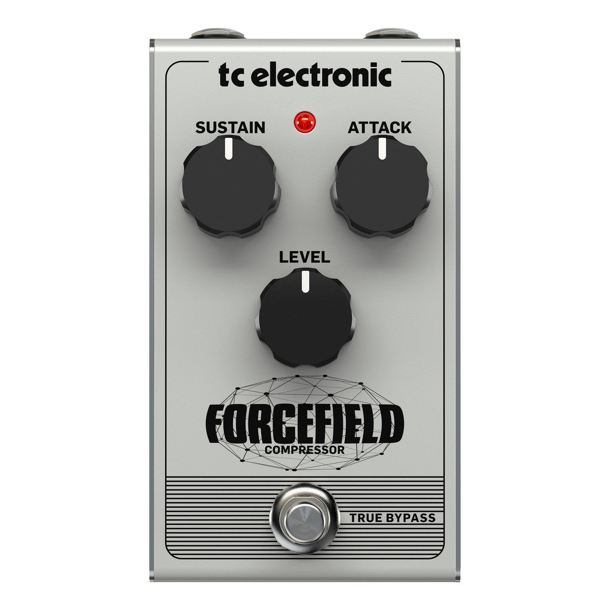 TC Electronic Forcefield Compressor nhìn chính diện mặt trên: ba núm SUSTAIN, ATTACK, LEVEL và footswitch true bypass