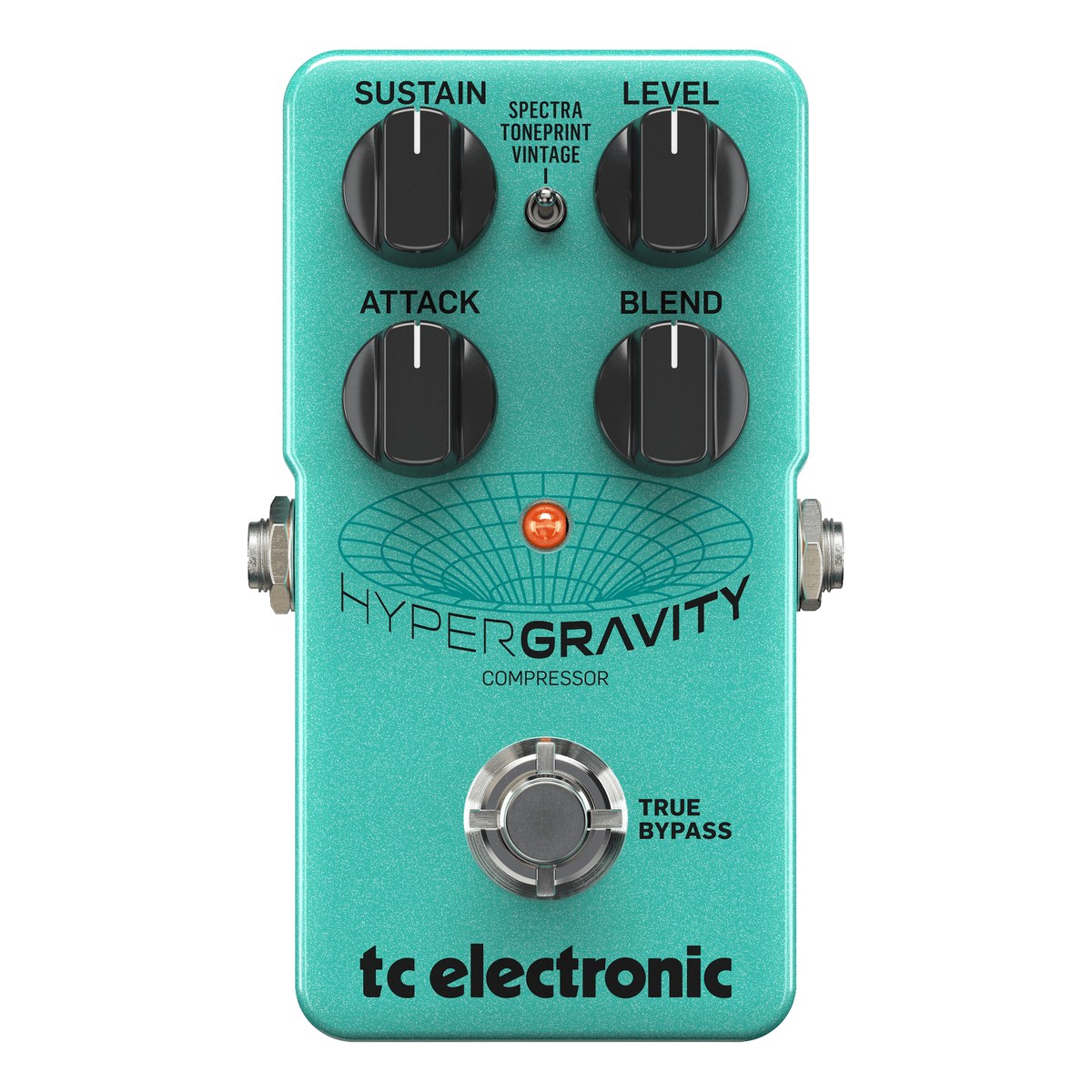 TC Electronic HyperGravity Compressor nhìn chính diện mặt trên: bốn núm SUSTAIN, ATTACK, LEVEL, BLEND, công tắc SPECTRA/TONEPRINT/VINTAGE và footswitch true bypass