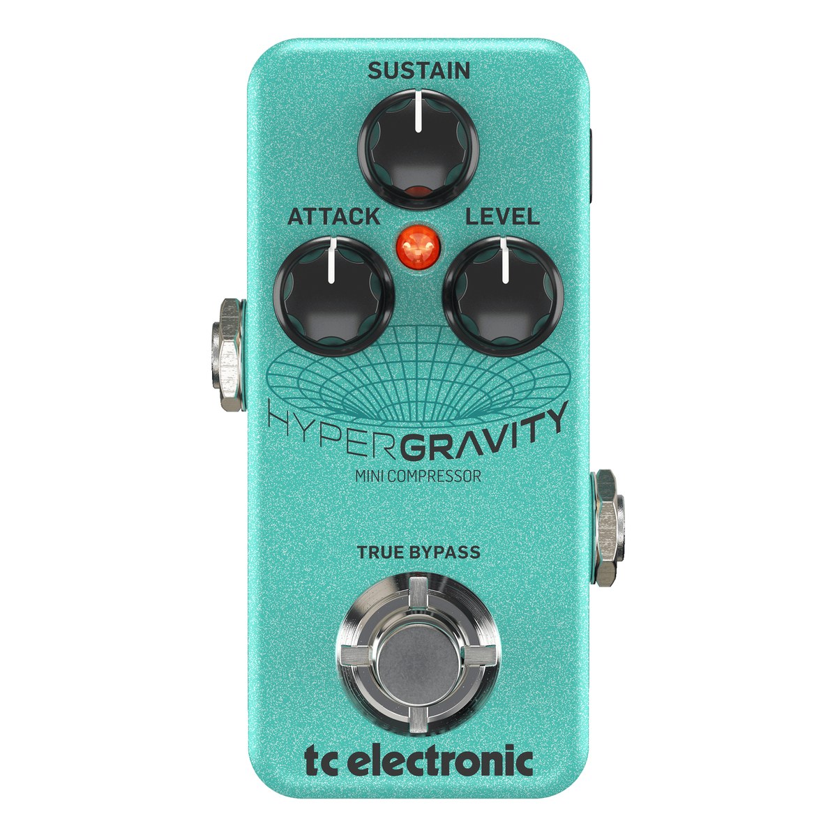 TC Electronic HyperGravity Mini Compressor nhìn chính diện mặt trên: ba núm SUSTAIN, ATTACK, LEVEL và footswitch true bypass