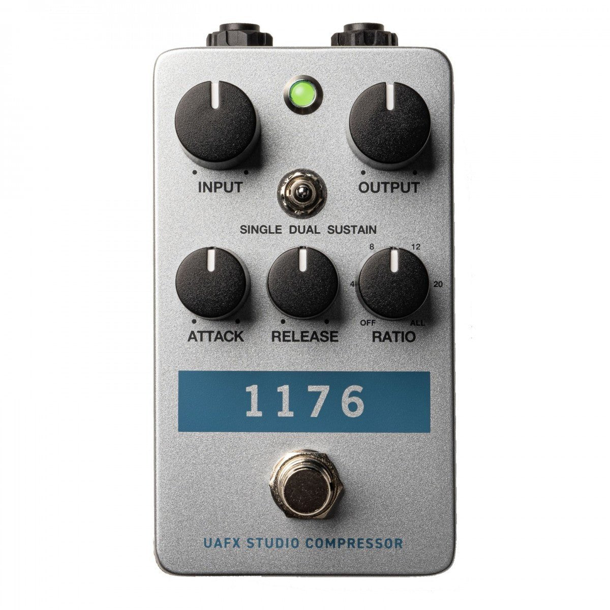 Phơ Compressor Universal Audio UAFX 1176 Studio – mặt trên với núm INPUT, OUTPUT, ATTACK, RELEASE, RATIO
