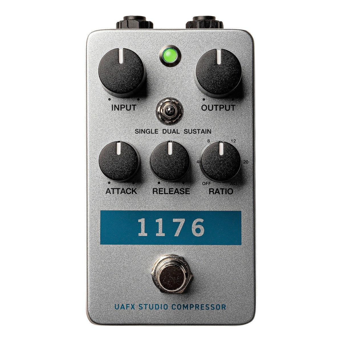 chính diện mặt trên Universal Audio UAFX 1176 Studio với núm INPUT, OUTPUT, ATTACK, RELEASE, RATIO và công tắc Single/Dual/Sustain