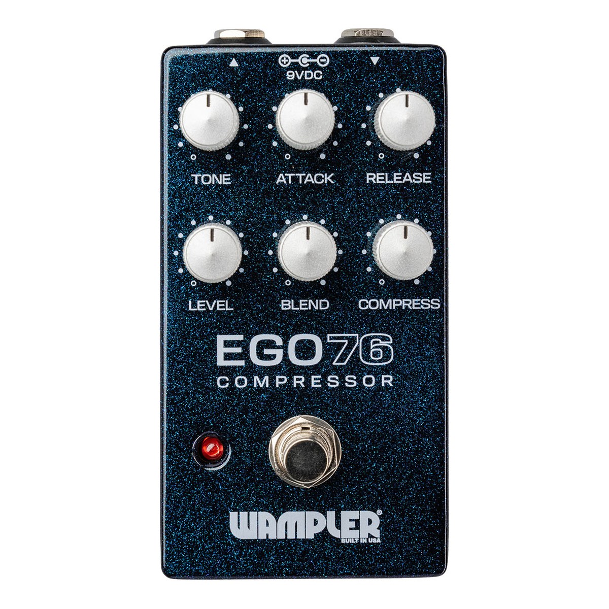 chính diện mặt trên Wampler Ego 76 vỏ xanh đen ánh kim với 6 núm TONE, ATTACK, RELEASE, LEVEL, BLEND, COMPRESS