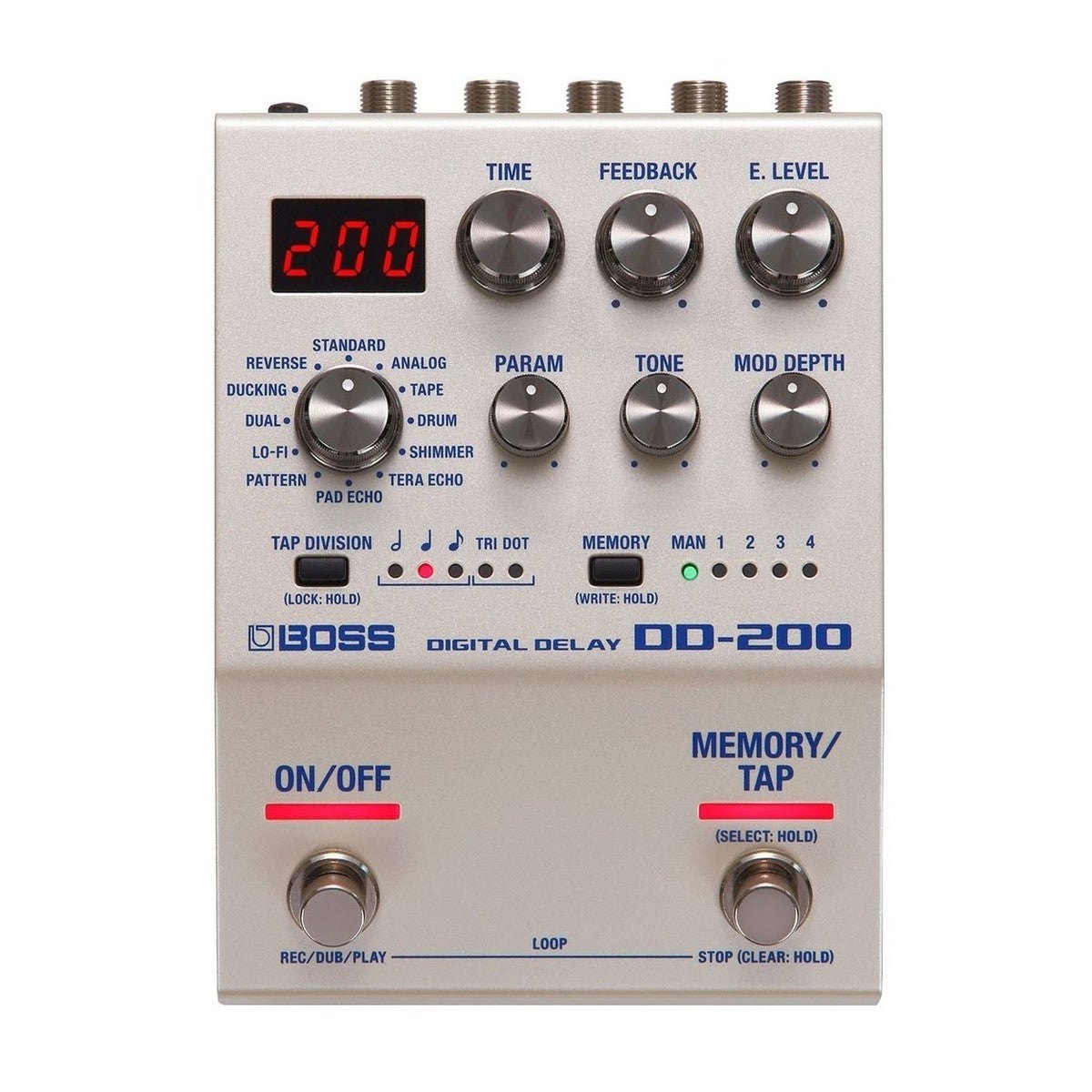 Phơ Delay BOSS DD-200 Digital Delay – mặt trên với màn hình, núm chọn chế độ delay và 2 footswitch