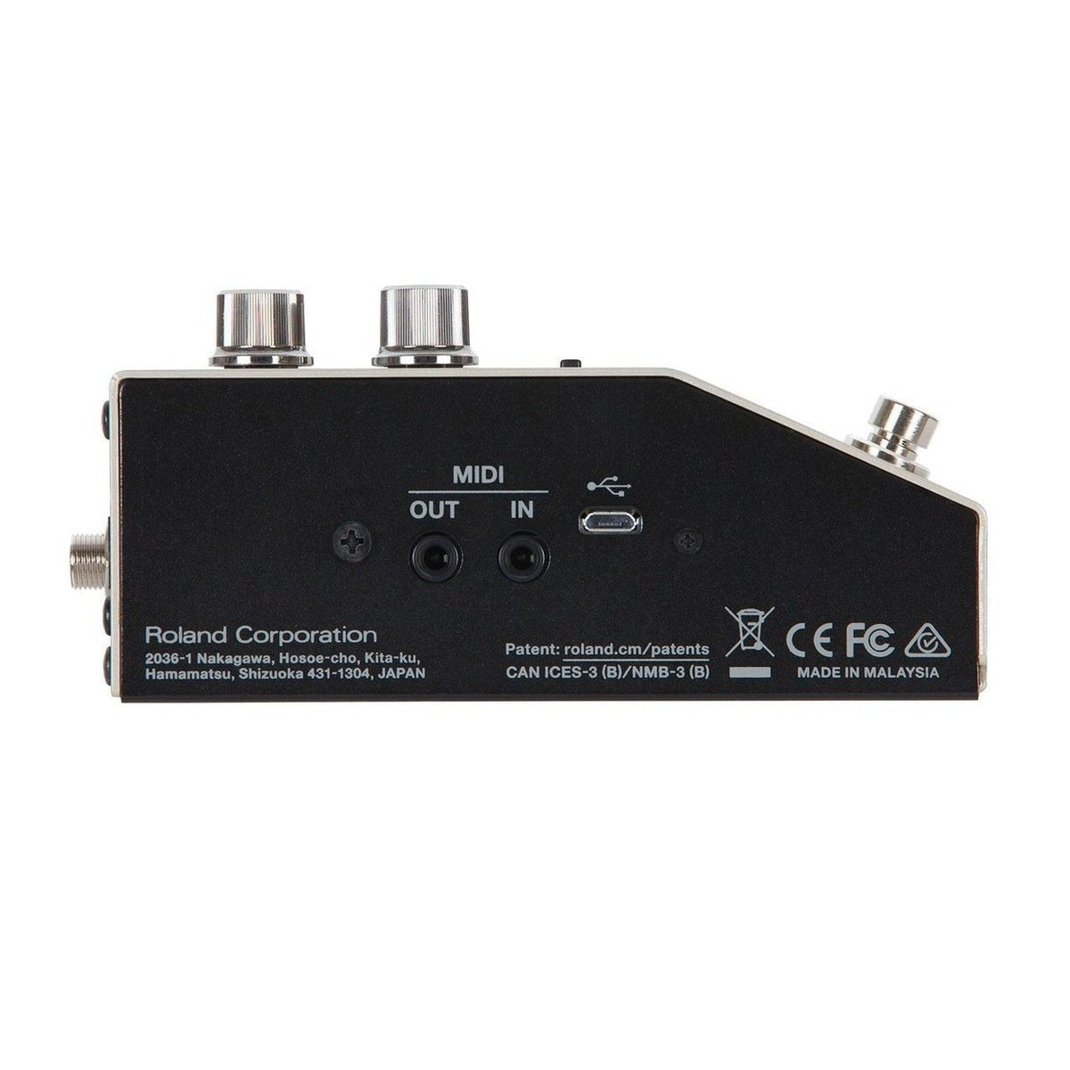 Phơ Delay BOSS DD-200 Digital Delay – cạnh trái với cổng MIDI IN/OUT dạng TRS và cổng micro USB