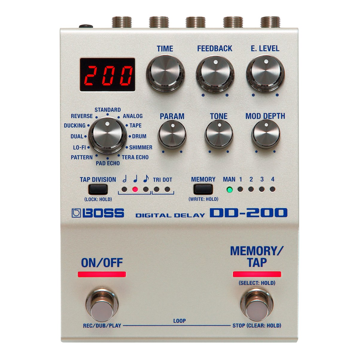 mặt trên BOSS DD-200 Digital Delay: màn LED, núm chọn chế độ, các núm TIME, FEEDBACK, E.LEVEL, PARAM, TONE, MOD DEPTH