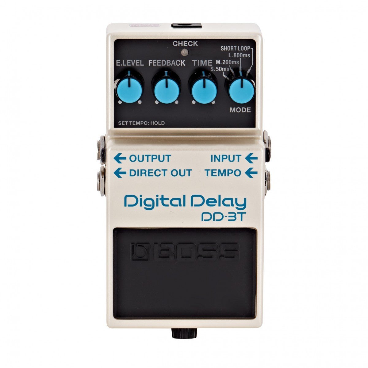 Phơ Delay BOSS DD-3T Digital Delay – mặt trên với 4 núm E.LEVEL, FEEDBACK, TIME, MODE và đèn CHECK