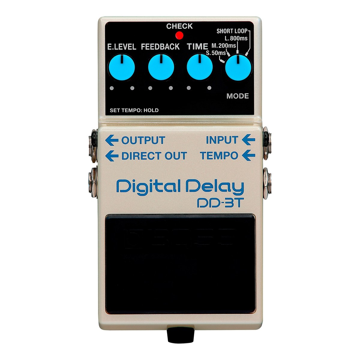 chính diện BOSS DD-3T Digital Delay: 4 núm E.LEVEL, FEEDBACK, TIME, MODE và jack OUTPUT, DIRECT OUT, INPUT, TEMPO