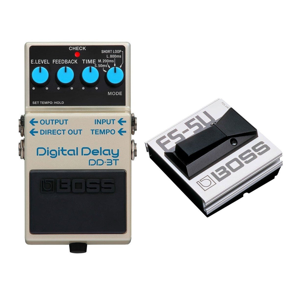 Phơ Delay BOSS DD-3T Digital Delay Kèm Footswitch FS-5U – trọn bộ gồm pedal DD-3T và footswitch FS-5U, nhìn từ trên xuống
