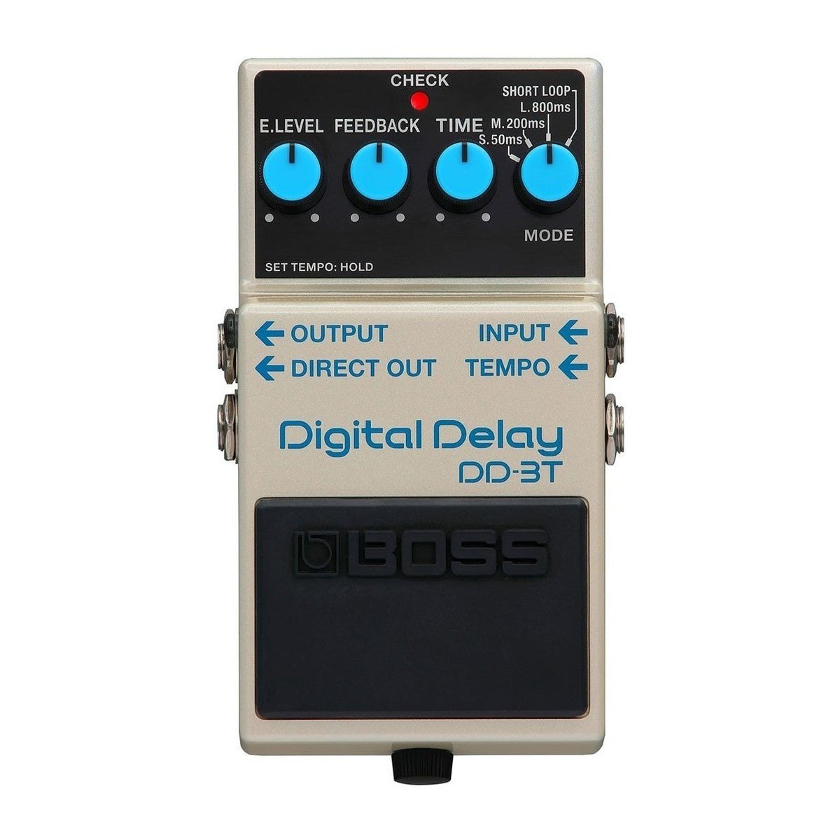 Phơ Delay BOSS DD-3T Digital Delay Kèm Footswitch FS-5U – mặt trên DD-3T với 4 núm E.LEVEL, FEEDBACK, TIME, MODE