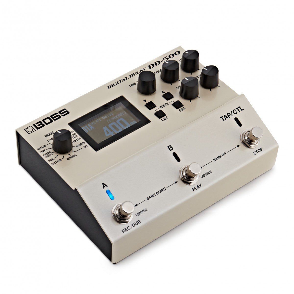 Phơ Delay BOSS DD-500 Digital Delay – góc nghiêng 3/4 bên trái, màn hình LCD và 3 footswitch A, B, TAP/CTL