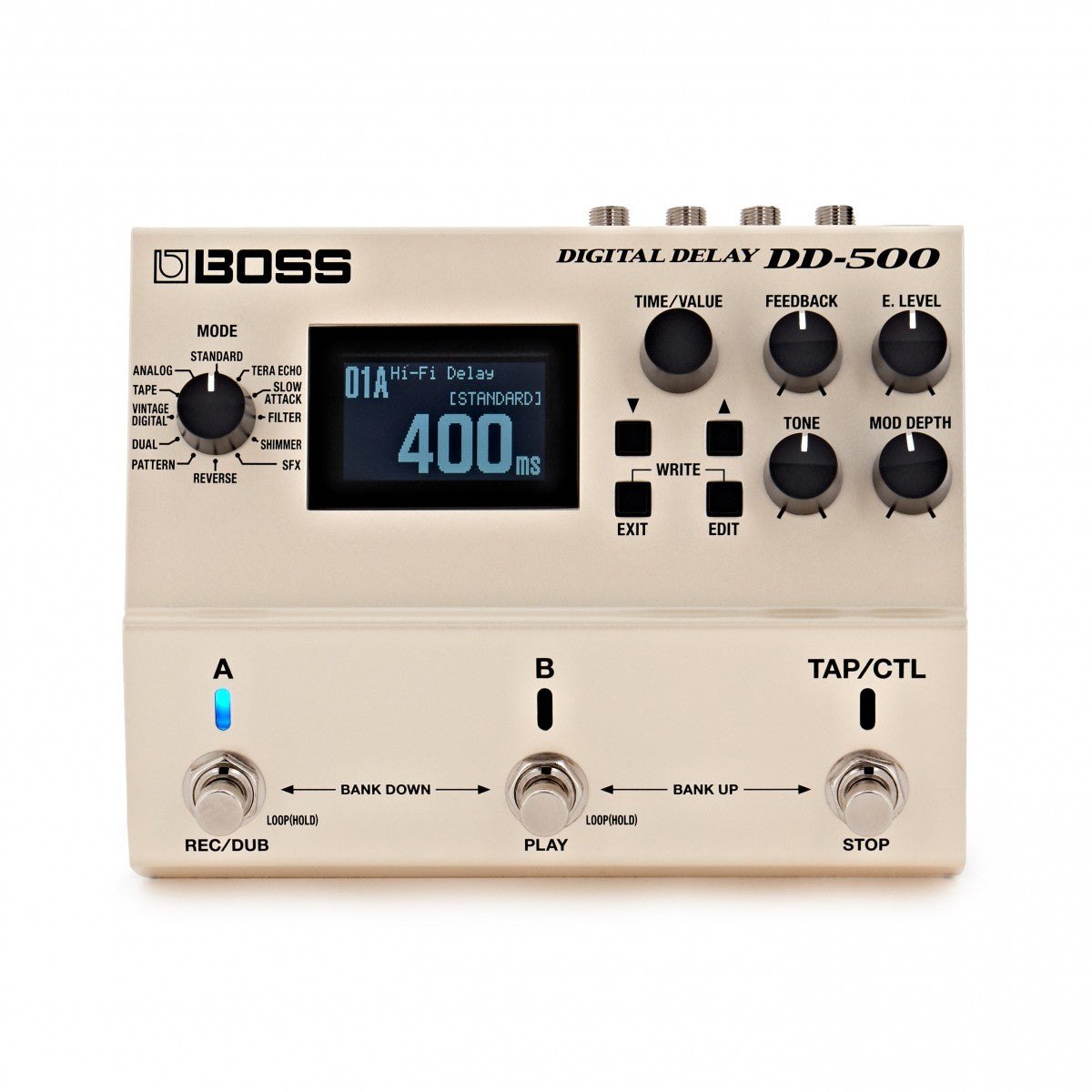 Phơ Delay BOSS DD-500 Digital Delay – mặt trên với màn hình LCD, núm MODE và 6 núm chỉnh