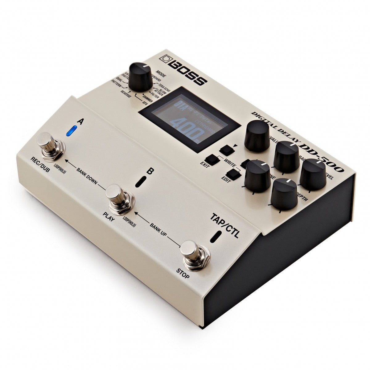 Phơ Delay BOSS DD-500 Digital Delay – góc nghiêng 3/4 bên phải, núm TIME/VALUE và nút WRITE, EDIT