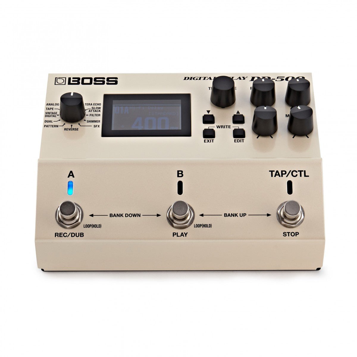 Phơ Delay BOSS DD-500 Digital Delay – nhìn chính diện phía trước, dãy footswitch A, B, TAP/CTL