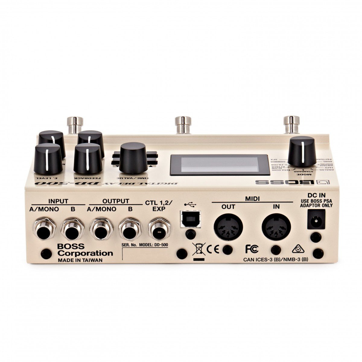 Phơ Delay BOSS DD-500 Digital Delay – mặt sau với jack stereo, CTL 1,2/EXP, USB, MIDI IN/OUT 5 chân