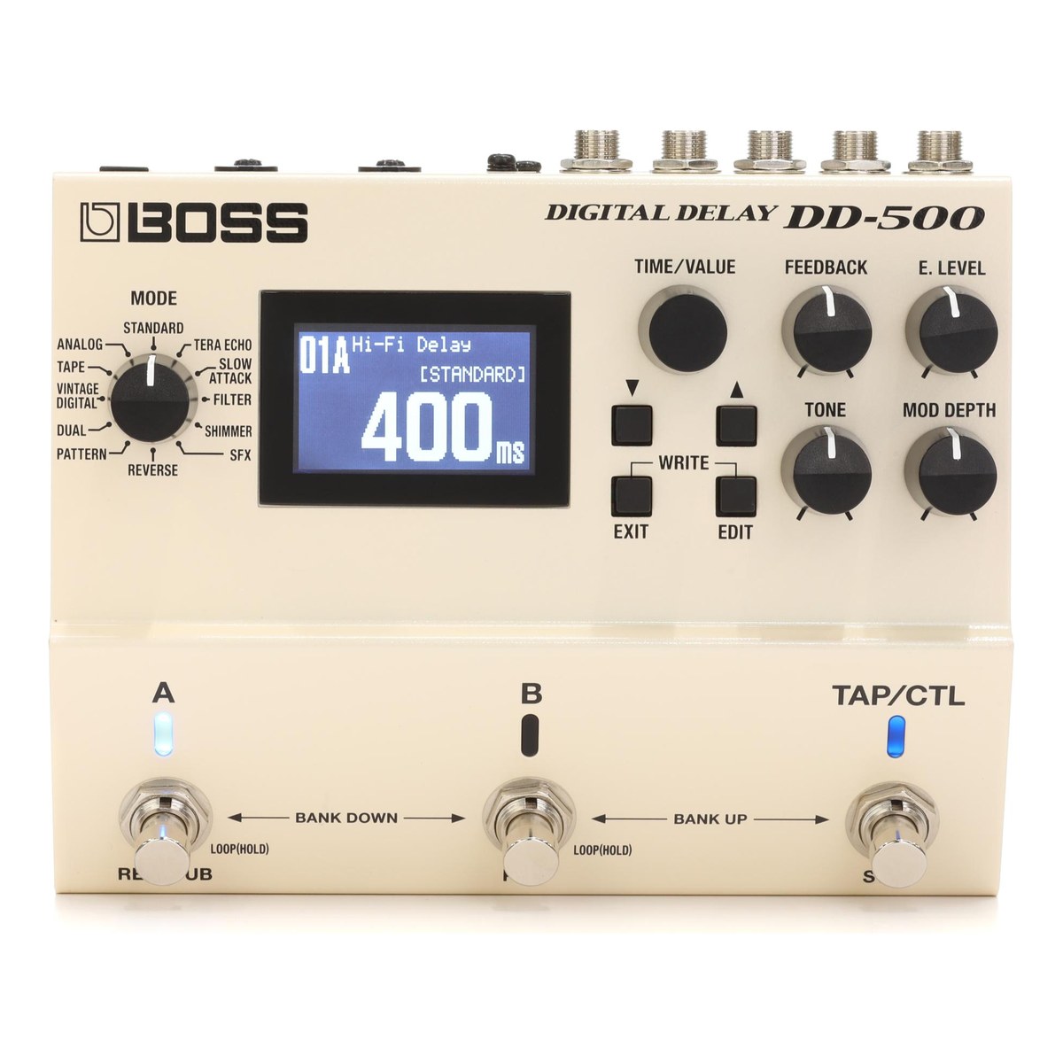 mặt trên BOSS DD-500 Digital Delay: màn LCD, núm MODE, các núm TIME/VALUE, FEEDBACK, E.LEVEL, TONE, MOD DEPTH và 3 footswitch A, B, TAP/CTL
