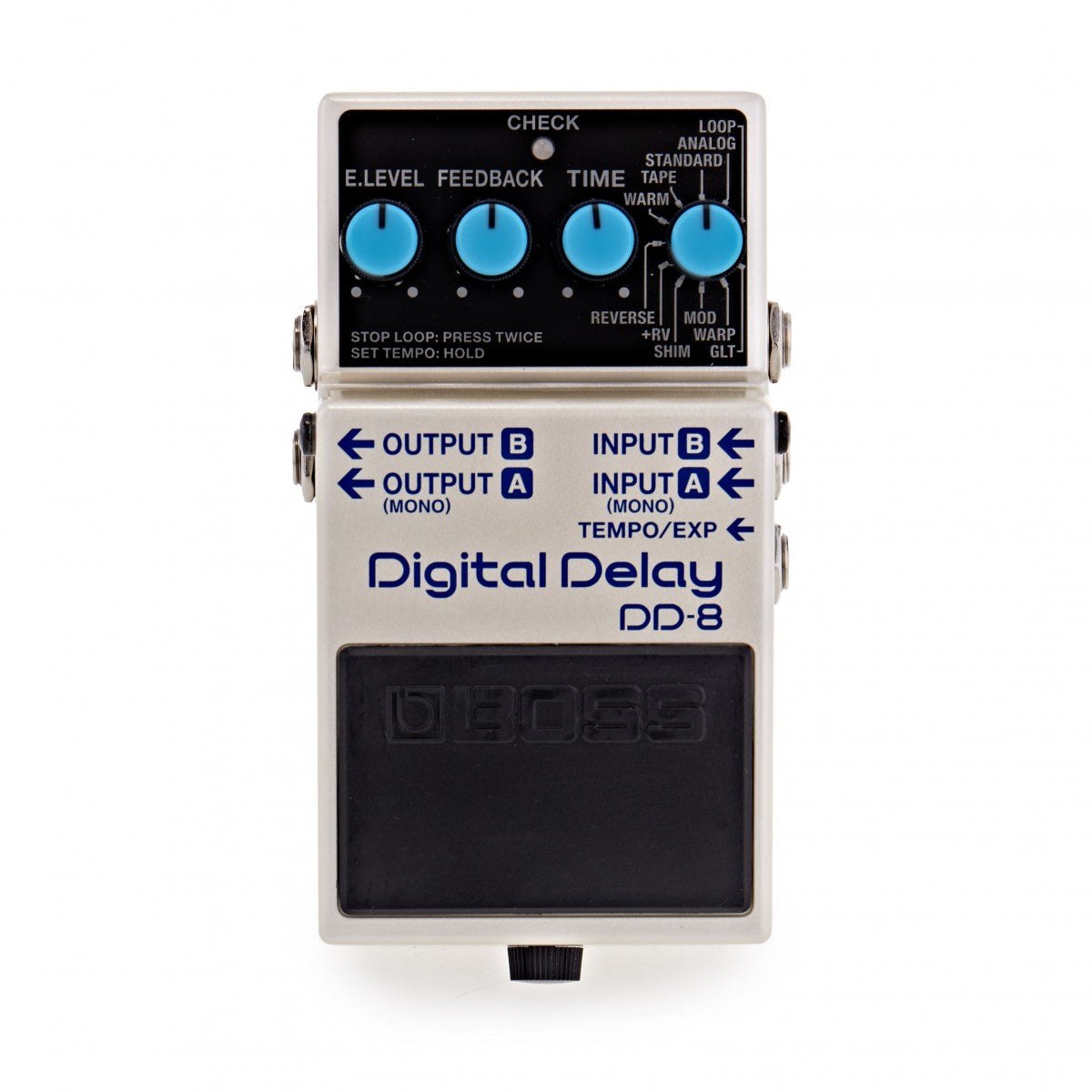 Phơ Delay BOSS DD-8 – mặt trên với 4 núm E.LEVEL, FEEDBACK, TIME, MODE