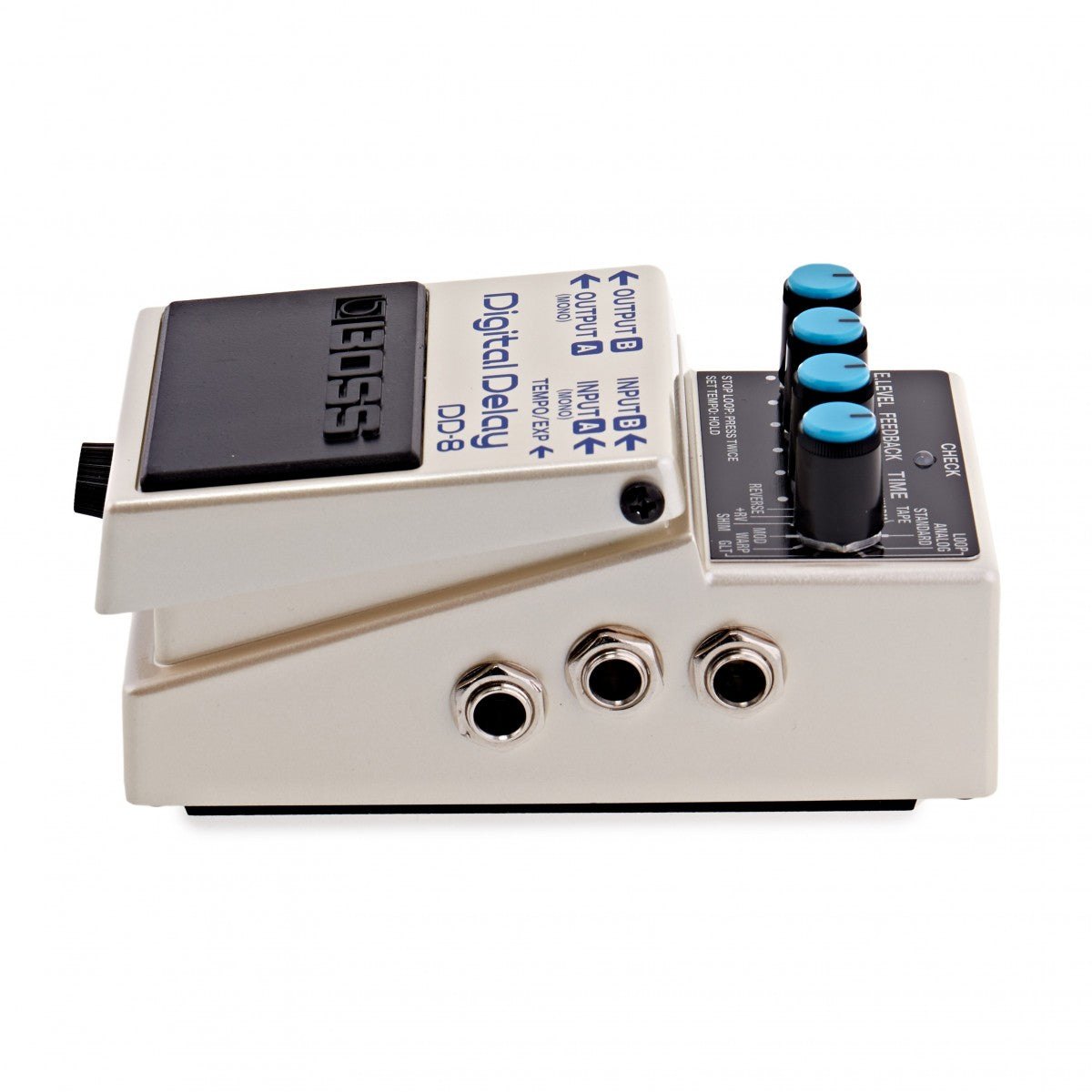 Phơ Delay BOSS DD-8 – nhìn ngang cạnh phải với 3 cổng INPUT A, INPUT B, TEMPO/EXP