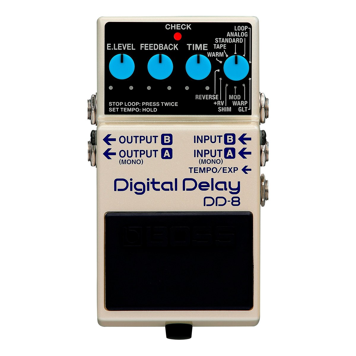 chính diện BOSS DD-8 Digital Delay: 4 núm E.LEVEL, FEEDBACK, TIME, MODE và nhãn jack vào/ra stereo