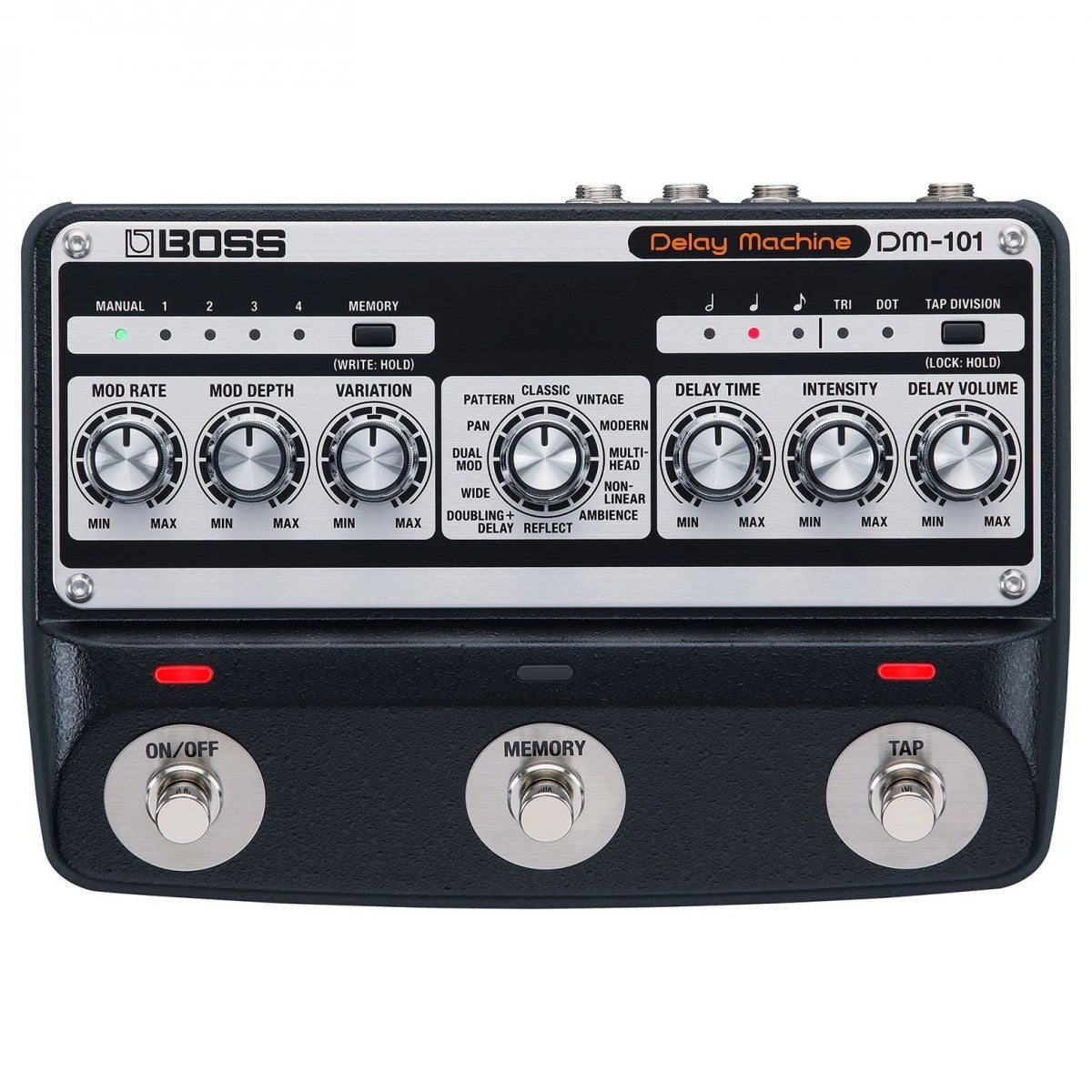Phơ Delay BOSS DM-101 Delay Machine – mặt trên với 6 núm chỉnh, núm chọn chế độ và 3 công tắc bàn đạp