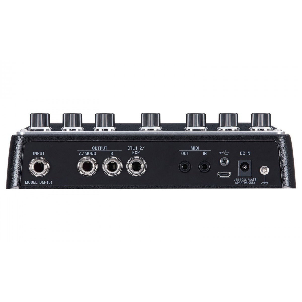 Phơ Delay BOSS DM-101 Delay Machine – mặt sau với cổng INPUT, OUTPUT A/B, CTL/EXP, MIDI, USB và DC IN