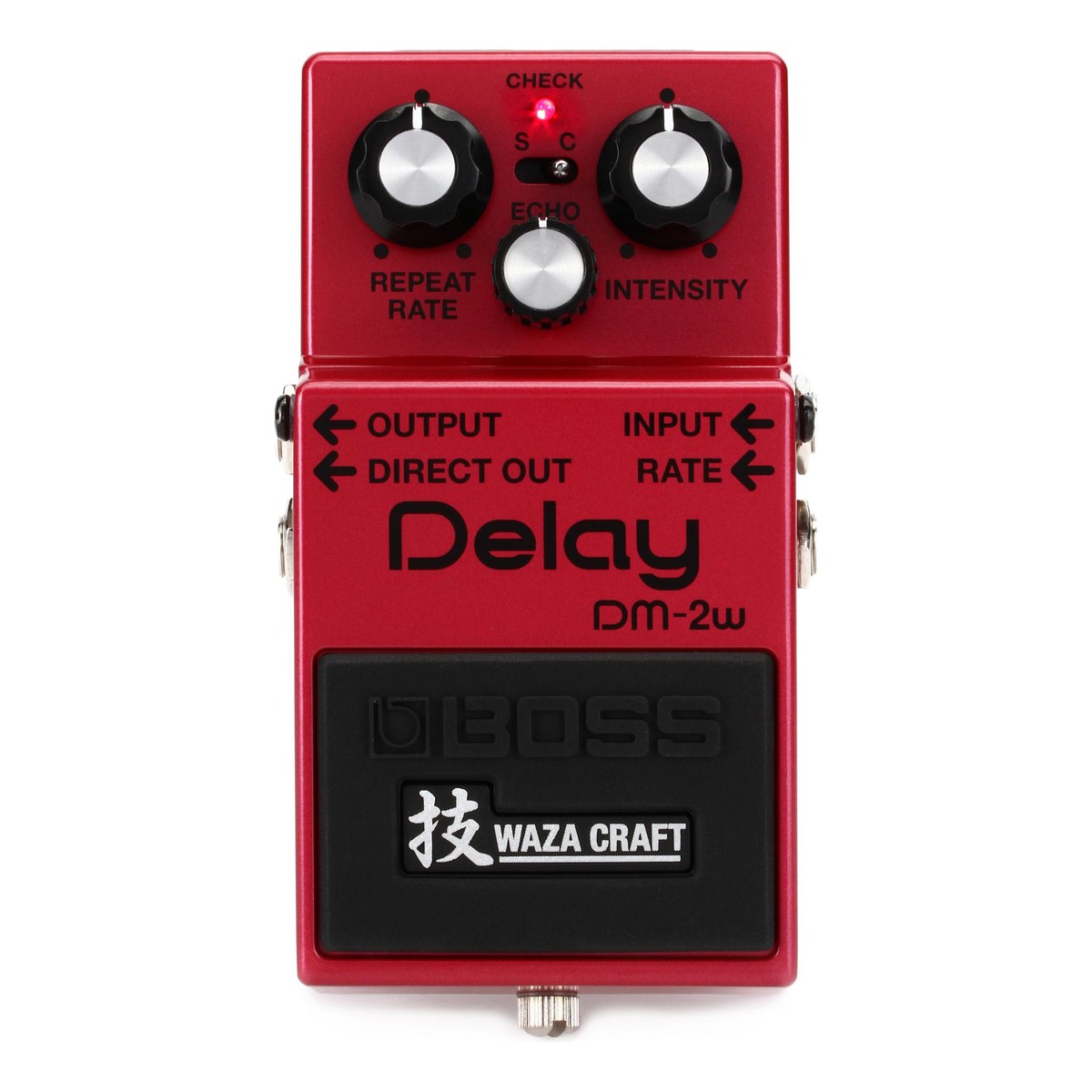 chính diện mặt trên BOSS DM-2W Waza Craft với núm REPEAT RATE, ECHO, INTENSITY và công tắc S/C