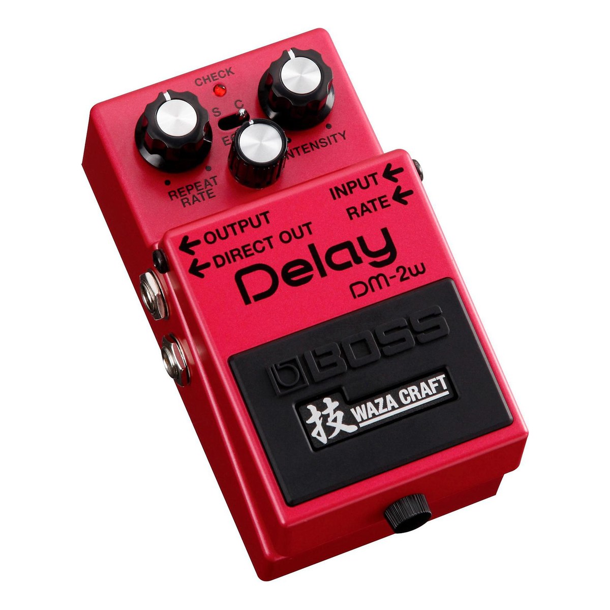 BOSS DM-2W Waza Craft nhìn chéo từ trên, thấy jack OUTPUT và DIRECT OUT