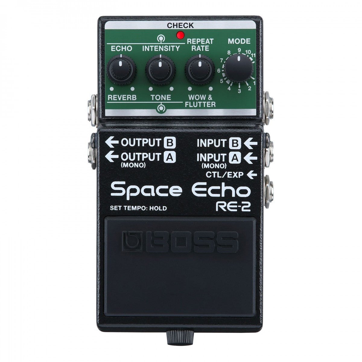 Phơ Delay BOSS RE-2 Space Echo – mặt trên với các núm ECHO, INTENSITY, REPEAT RATE, MODE và WOW & FLUTTER