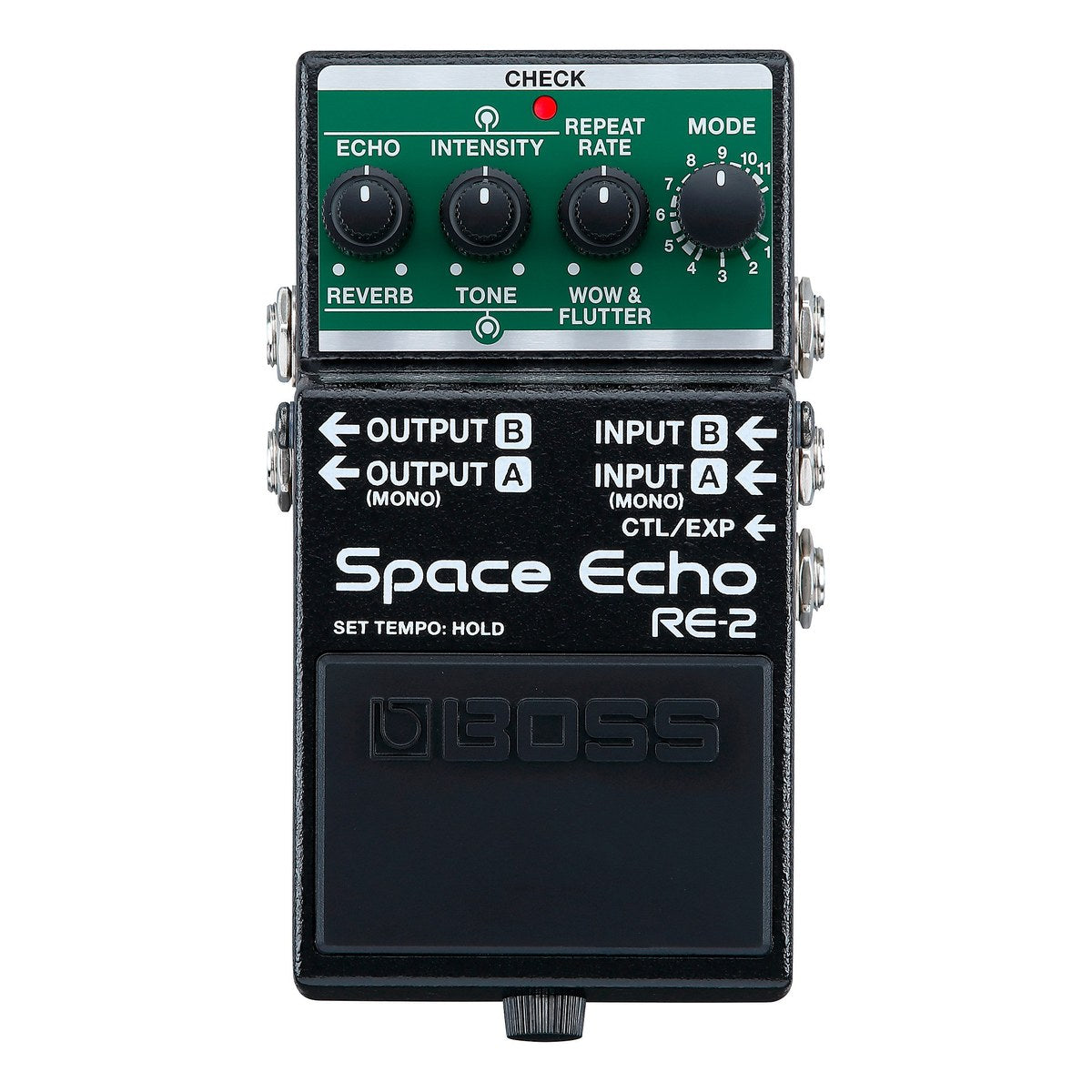 chính diện BOSS RE-2 Space Echo: núm ECHO/REVERB, INTENSITY/TONE, REPEAT RATE/WOW & FLUTTER và núm MODE 11 vị trí