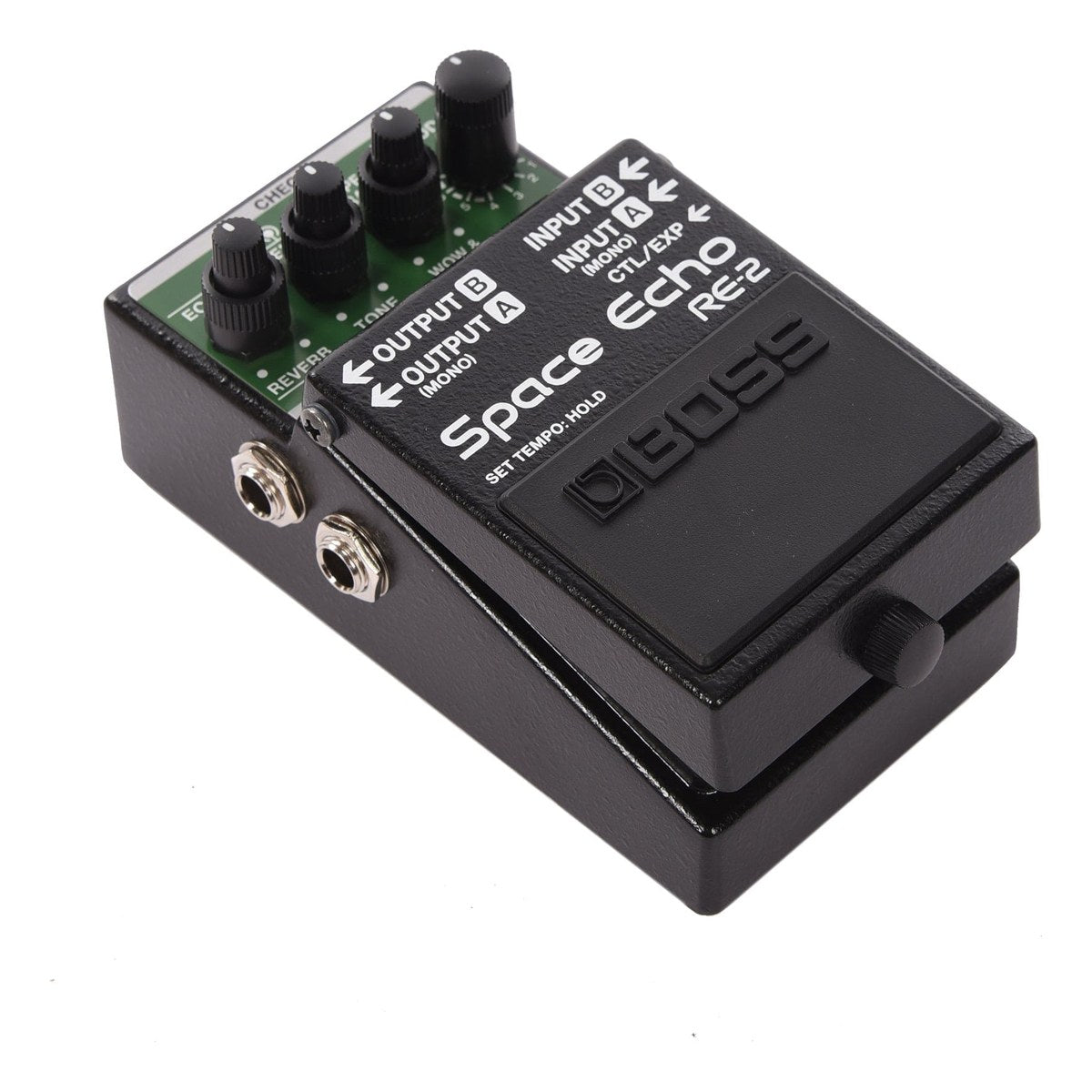 ảnh chụp thật BOSS RE-2 góc nghiêng, thấy cạnh trái với jack OUTPUT A (MONO) và OUTPUT B