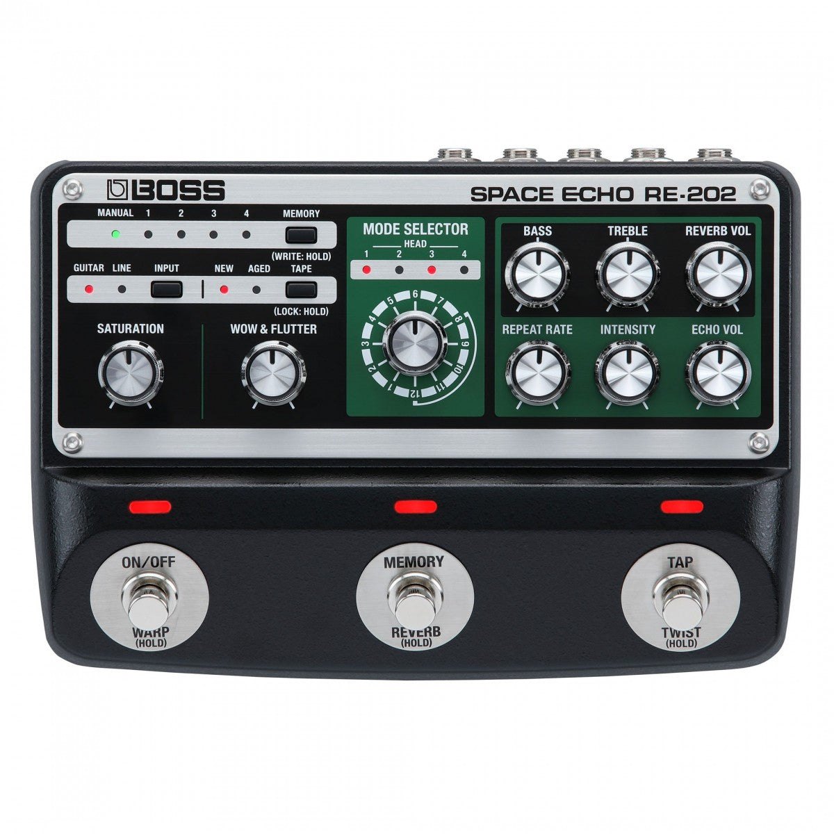 Phơ Delay BOSS RE-202 Space Echo – mặt trên với MODE SELECTOR, núm SATURATION, WOW & FLUTTER và 3 footswitch