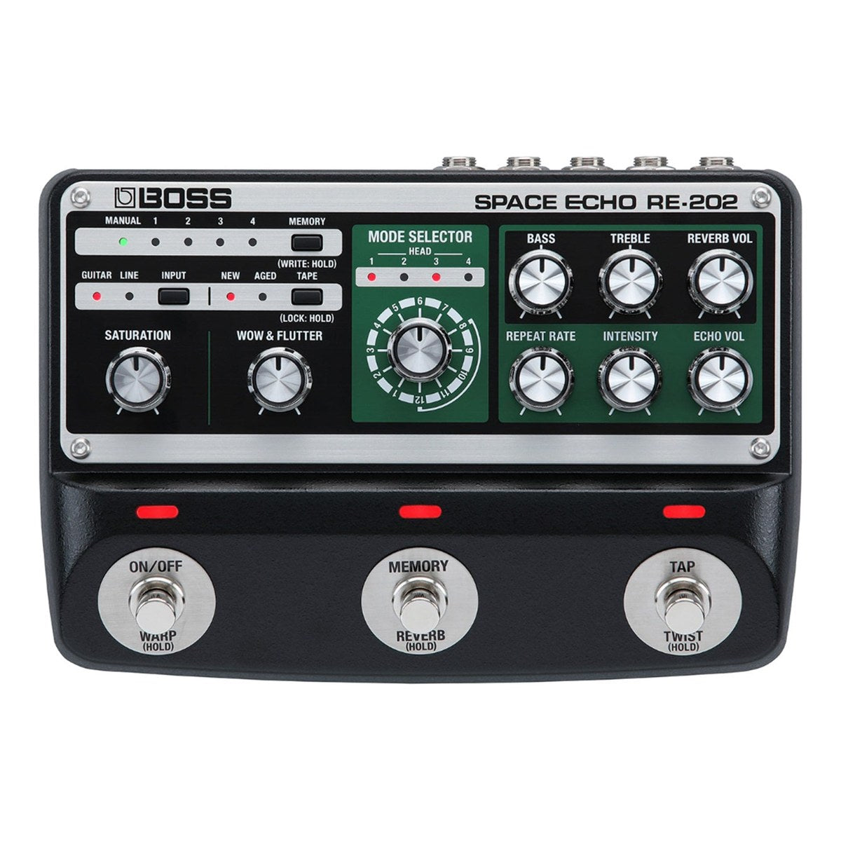mặt trên BOSS RE-202 Space Echo: núm MODE SELECTOR 12 vị trí, SATURATION, WOW & FLUTTER, BASS, TREBLE, REVERB VOL, REPEAT RATE, INTENSITY, ECHO VOL và 3 footswitch