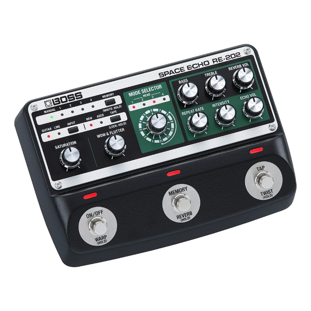 BOSS RE-202 Space Echo nhìn nghiêng từ phía trước, footswitch ON/OFF (WARP), MEMORY (REVERB), TAP (TWIST)