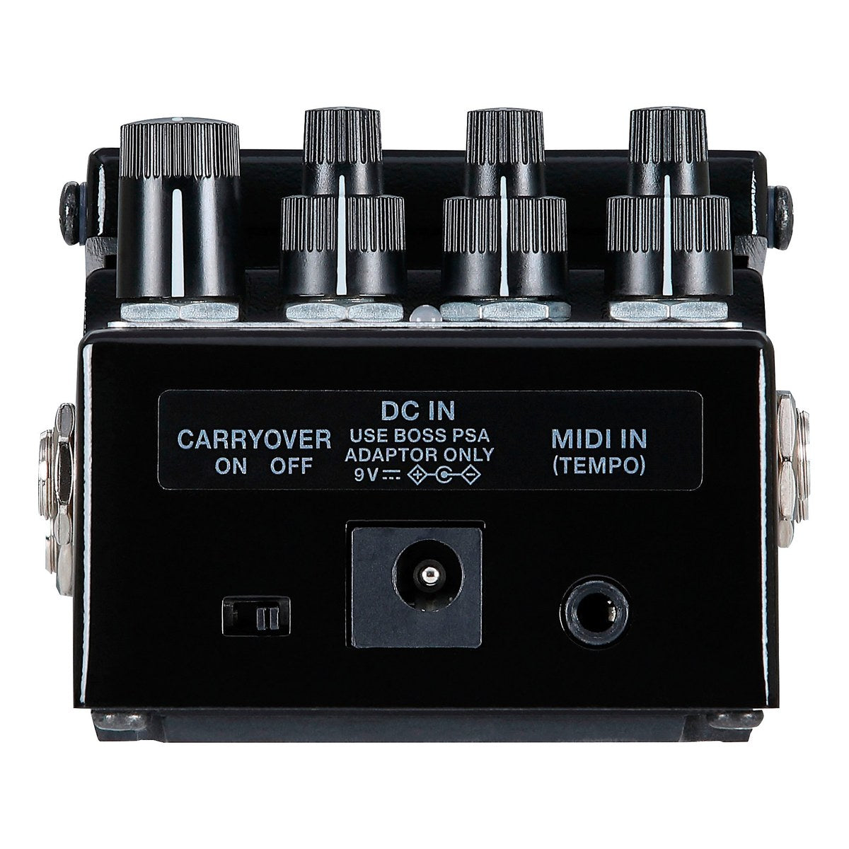 đầu máy BOSS SDE-3: công tắc CARRYOVER, cổng DC IN 9V và jack MIDI IN (TEMPO)