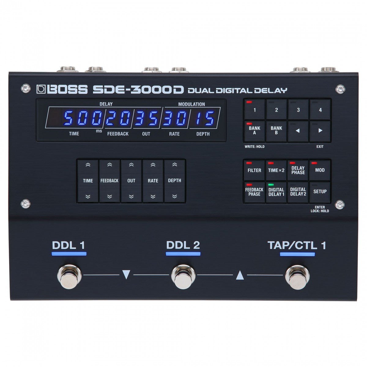 Phơ Delay BOSS SDE-3000D Dual Digital Delay – mặt trên với màn hình LED xanh và 3 footswitch DDL 1, DDL 2, TAP/CTL 1