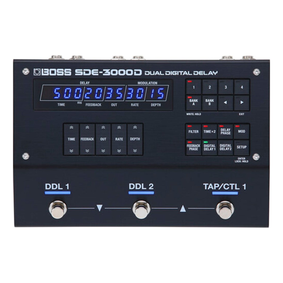 mặt trên BOSS SDE-3000D Dual Digital Delay: màn hình LED xanh, các nút TIME, FEEDBACK, OUT, RATE, DEPTH và 3 footswitch DDL 1, DDL 2, TAP/CTL 1