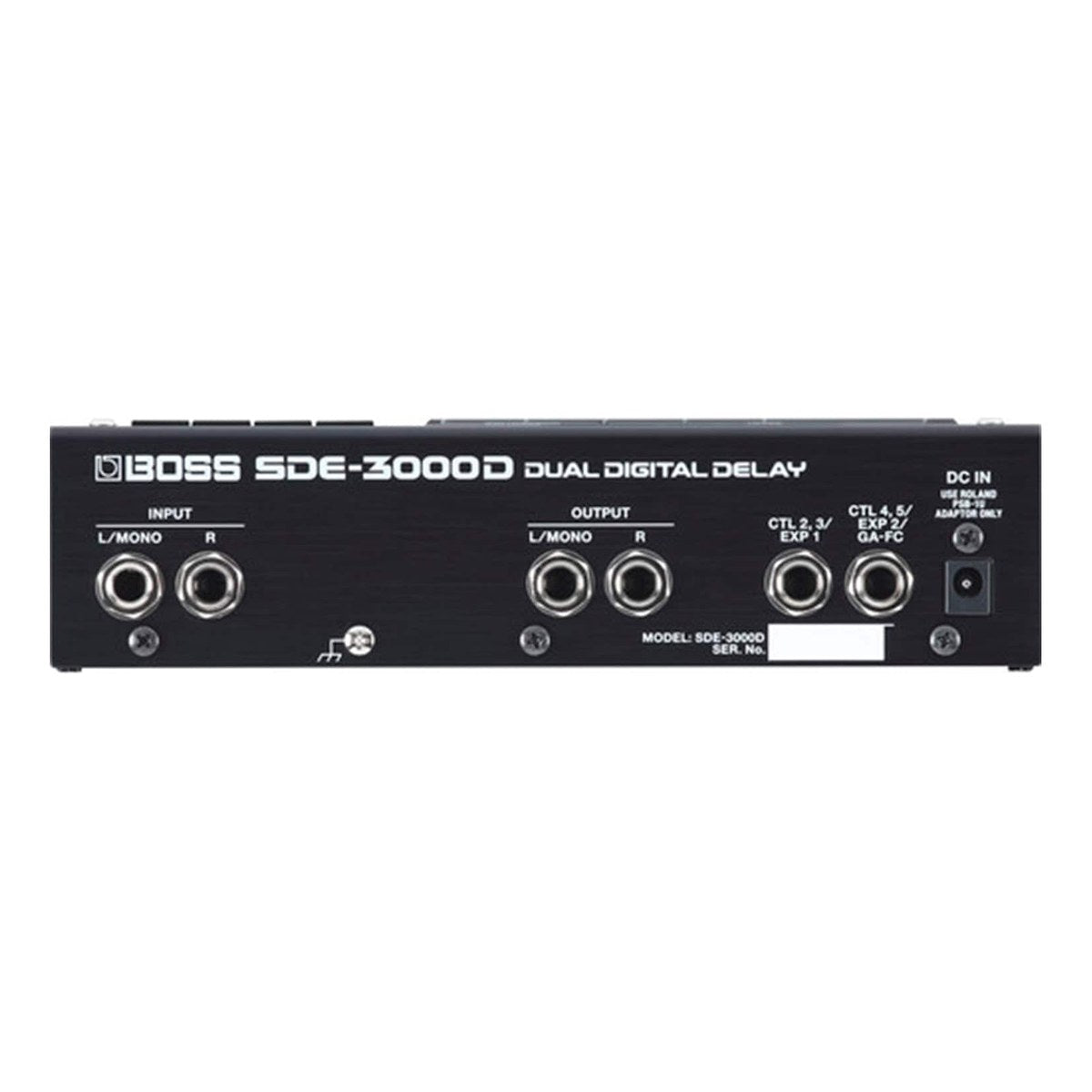 mặt sau BOSS SDE-3000D: jack INPUT L/MONO, R, OUTPUT L/MONO, R, CTL 2,3/EXP 1, CTL 4,5/EXP 2/GA-FC và DC IN