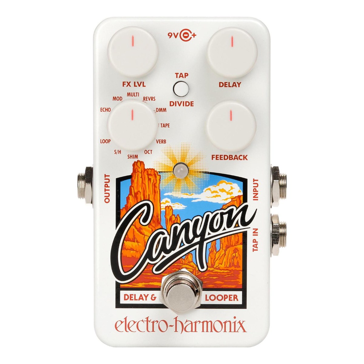 Mặt trên Electro-Harmonix Canyon Delay & Looper với các núm FX LVL, DELAY, MODE, FEEDBACK và nút TAP DIVIDE