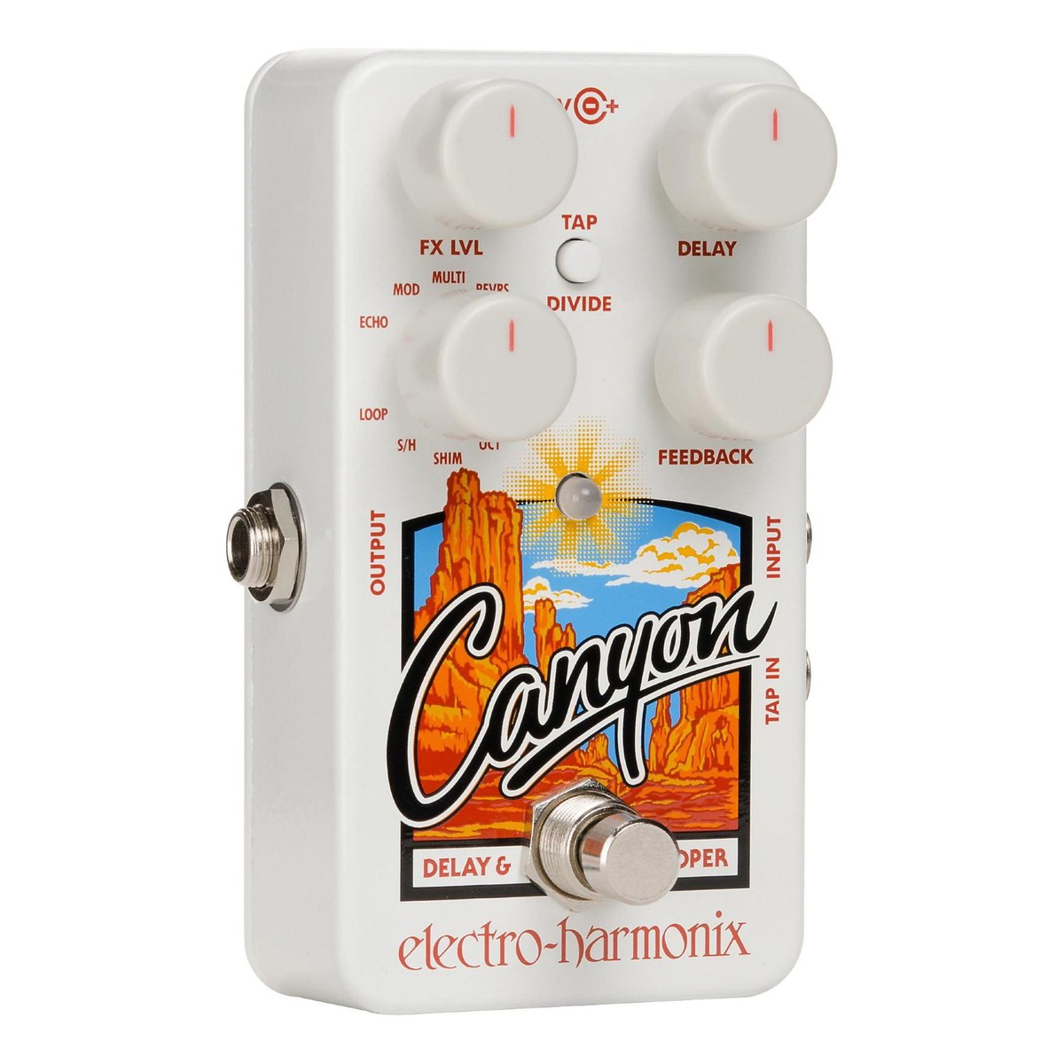 Electro-Harmonix Canyon nhìn chéo từ bên trái, thấy jack OUTPUT