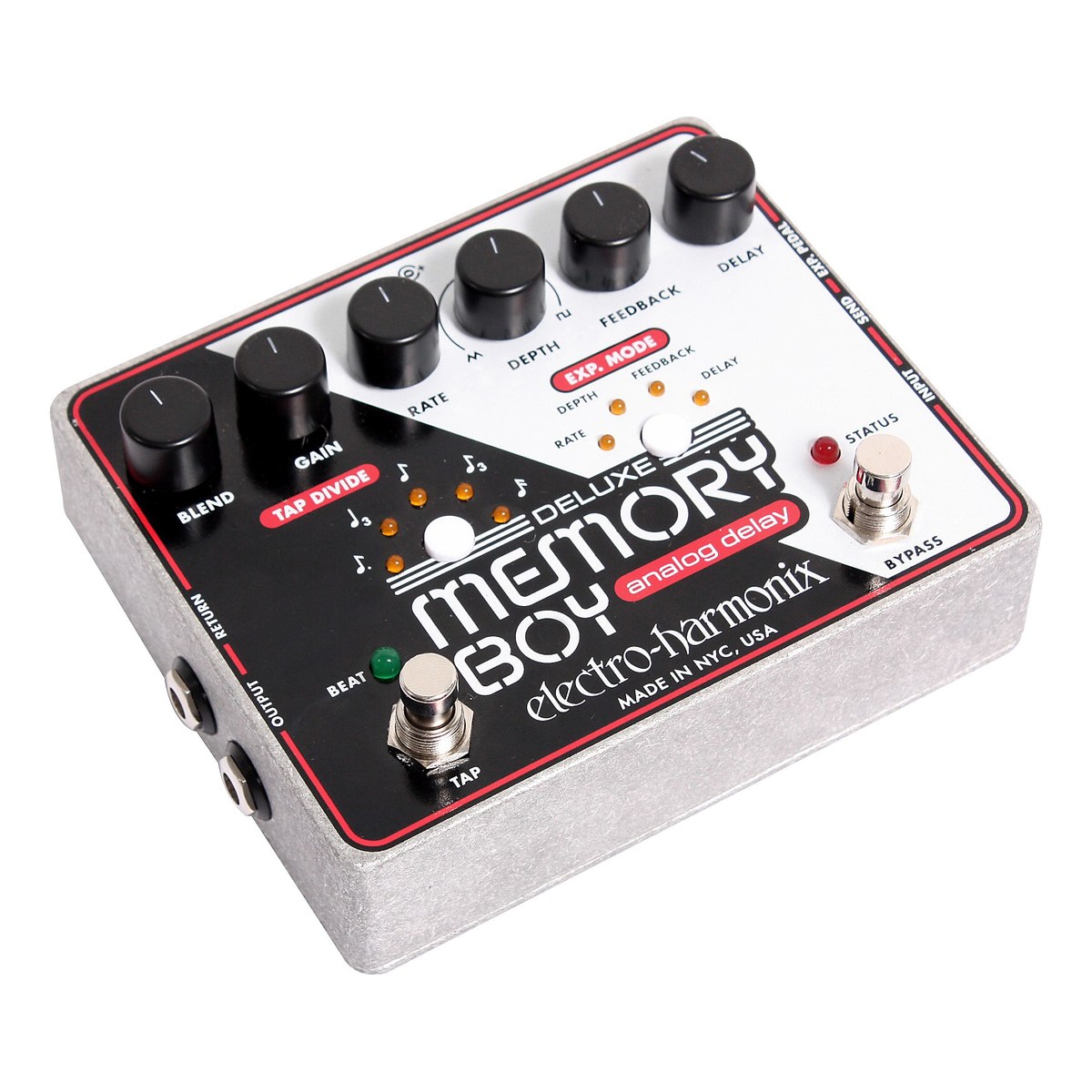 Electro-Harmonix Deluxe Memory Boy nhìn nghiêng từ bên trái, thấy jack RETURN và OUTPUT