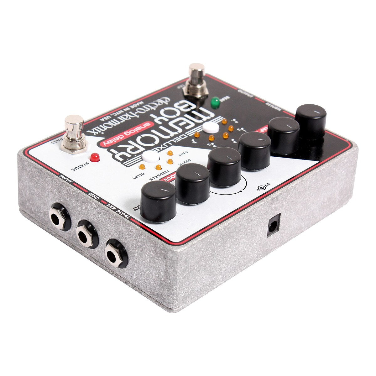Electro-Harmonix Deluxe Memory Boy nhìn từ phía sau bên phải, thấy jack INPUT, SEND, EXP. PEDAL và jack nguồn