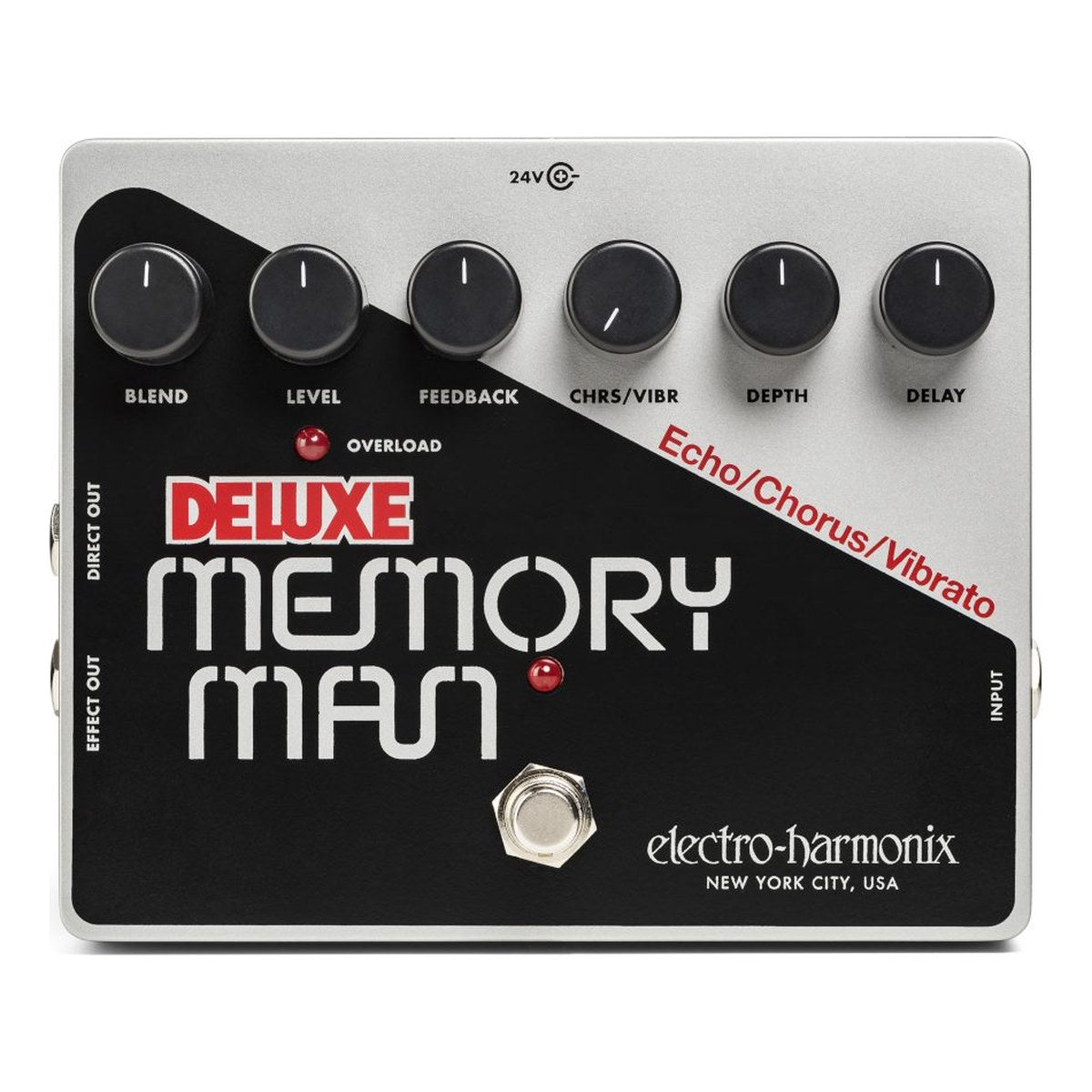 Phơ Delay Electro-Harmonix Deluxe Memory Man Echo/Chorus/Vibrato – Mặt trên Electro-Harmonix Deluxe Memory Man với 6 núm BLEND, LEVEL, FEEDBACK, CHRS/VIBR, DEPTH, DELAY, đèn OVERLOAD và footswitch